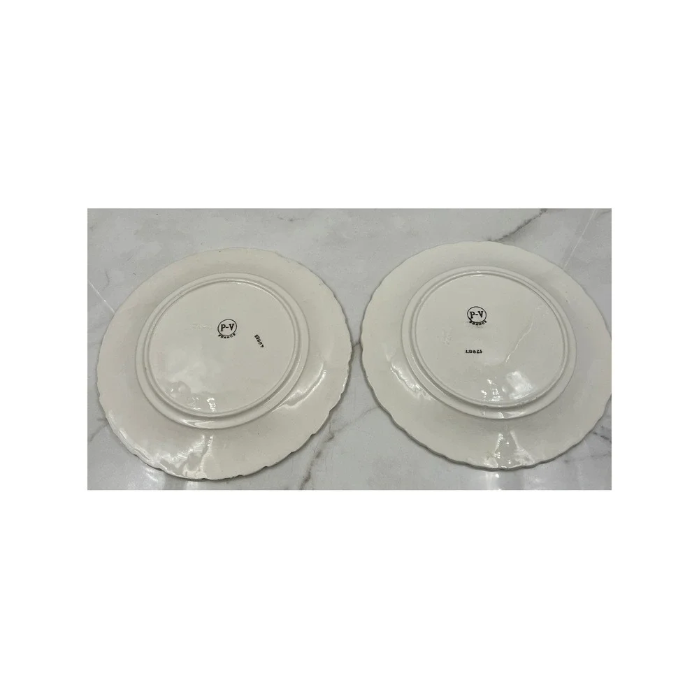 Vintage P-V France White Strawberry Floral Embossed Plates Set of 2 Scalloped 8